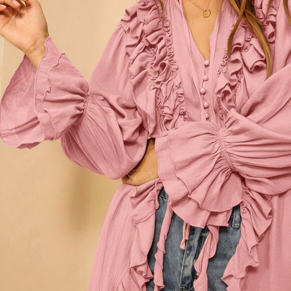 Baby Pink Boho Women's Long Sleeved Ruffled Front Maxi Cardigan Dress - Picture 6 of 10